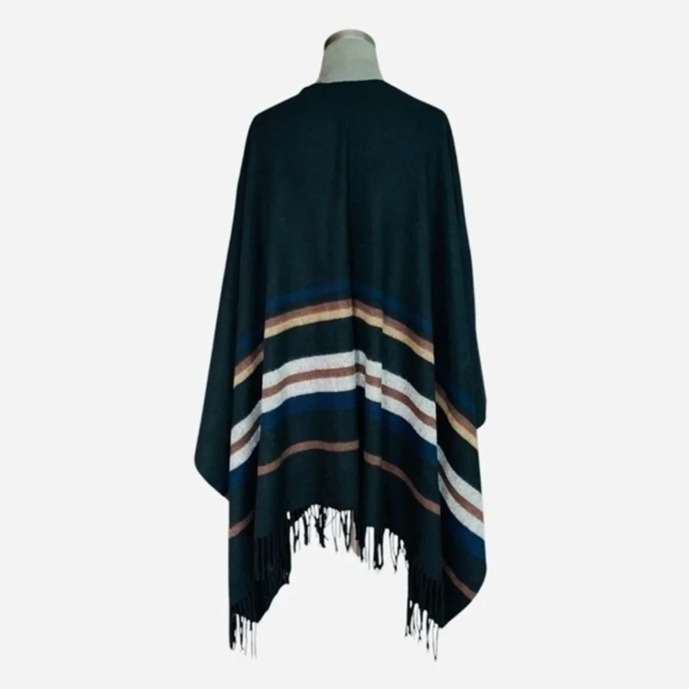 Banana Republic Black Striped Wool Blend Shawl Wrap Poncho One Size Cape EXC - Picture 5 of 7